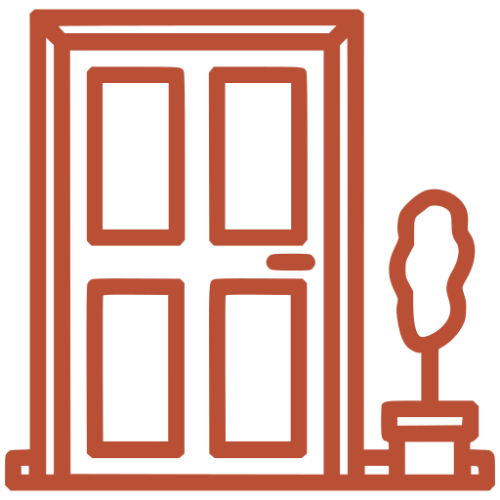 A bold terracotta-orange outline of a tall four-pane window or door on black, with a curved handle at right and a low base; clean, minimal style.