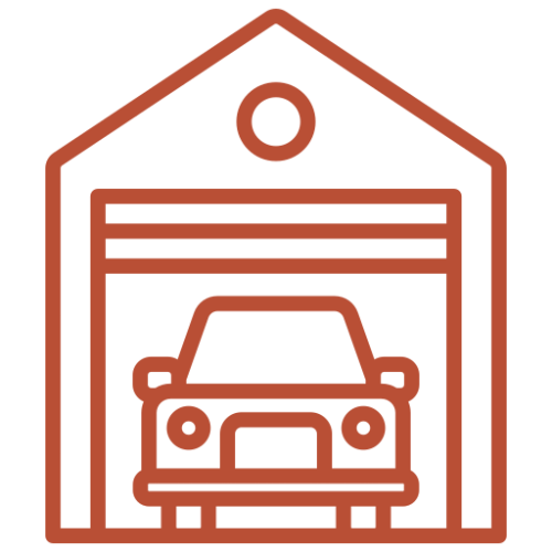 A rust-orange outline of a hanging price tag on a black background, featuring horizontal stripes and a delivery truck icon; the bold, simple design feels industrial and modern.