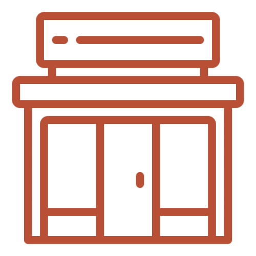 Flat orange-and-black icon of a storefront, with a striped awning, three tall window or door panels, and a simple sign; bold, clean, welcoming design.