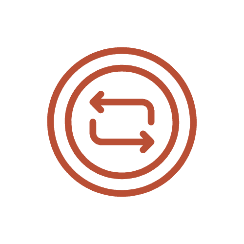 Orange-red line icon of two concentric circles enclosing opposing arrows, suggesting a repeat or exchange cycle against a stark black background.